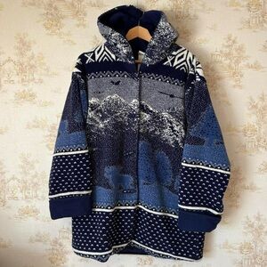 Vintage Northern Reflections blue fleece scenic mountain hooded toggle jacket L